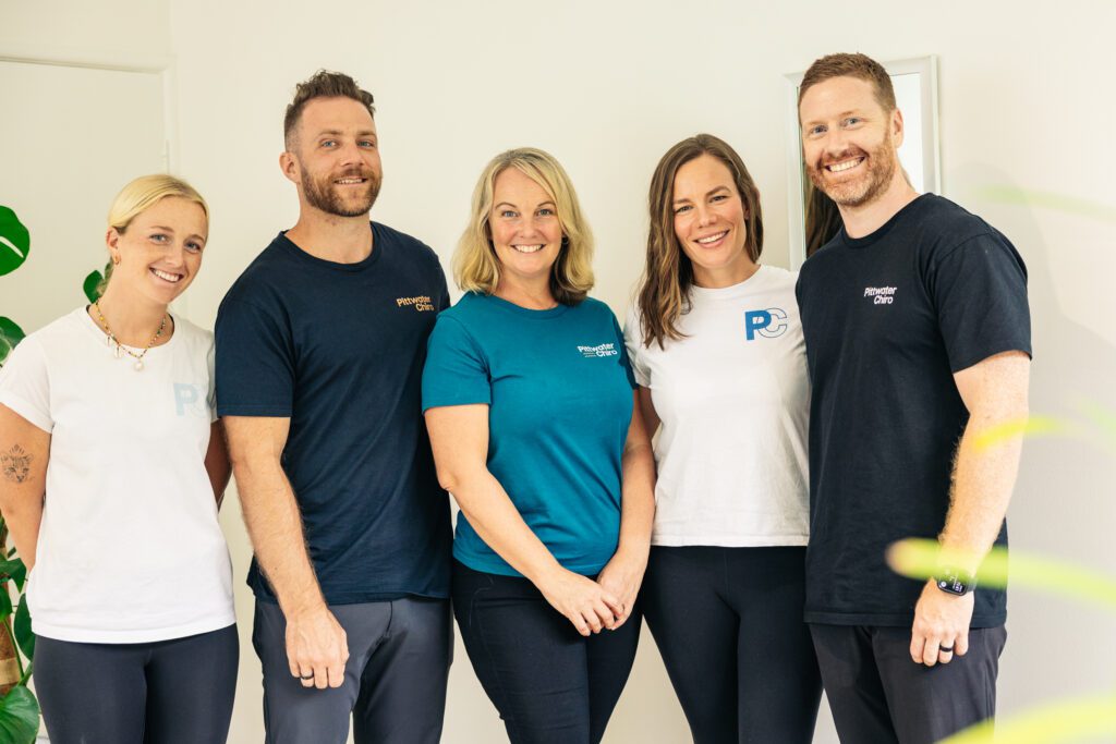 Photo of the team at Pittwater Chiro which includes three chiropractors, one massage therapist and a practice manager.